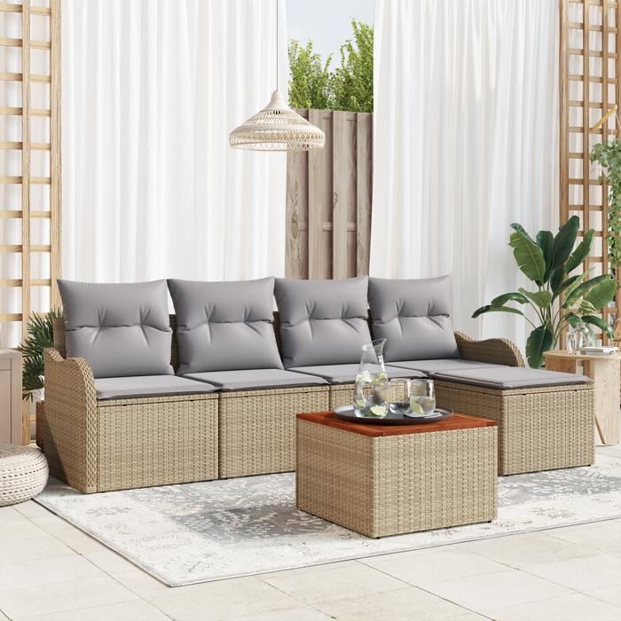 Ensemble de canapé de jardin 6 pièces avec coussins Beige Rotin synthétique Acacia, Canapé de jardin 2 places avec rangement 3356110