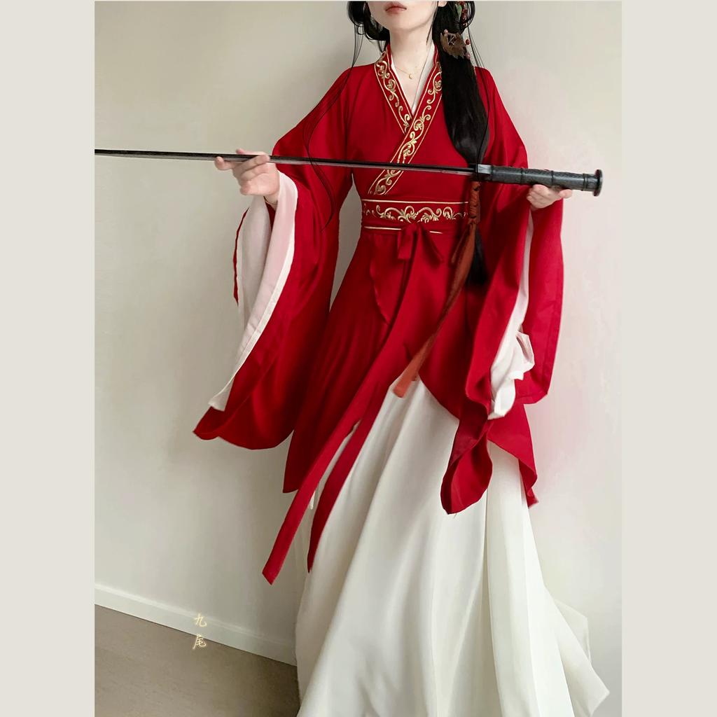 Original Wei, Jin Style Hanfu, Southern And Northern Dynasties Embroidered Large Sleeves, Cross Collar, Special-shaped Apron And Torn Skirt