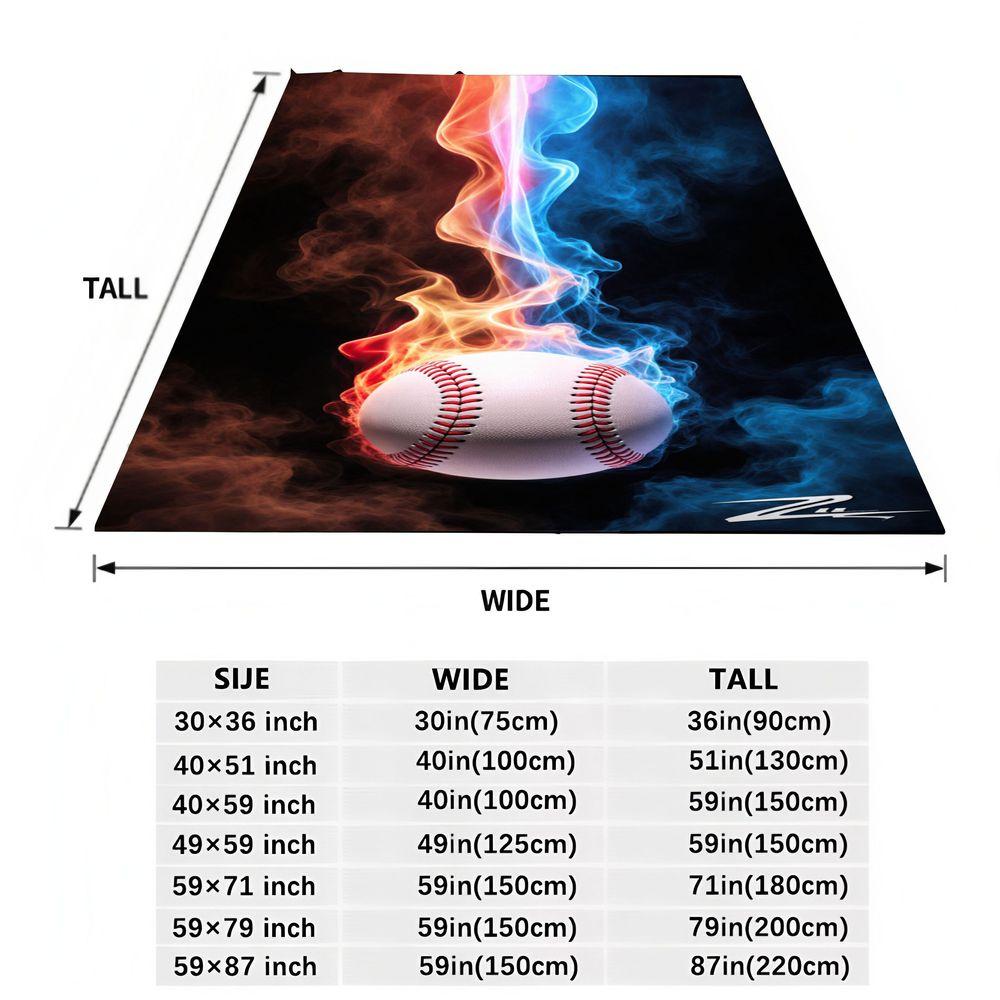 Dynamic Baseball Design Blanket with Vibrant Flames and Smoky Background - Unique Soft Fleece Throw for Sports Lovers, Perfect f