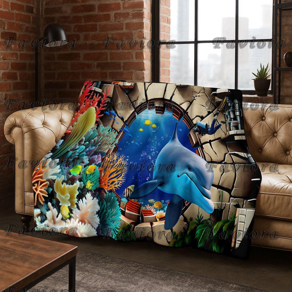 26 Style 3D Illusion Sea Underwater World Dolphin Flannel Blanket,Cozy Soft Throw Blanket for Home Bedroom Bed Sofa Cover Gift