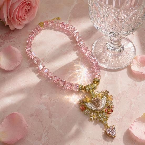 Vintage Angel Pendant Necklace, Sparkling Chunky Beaded Necklace, Pink Faux Diamond Heart Necklace, Retro Jewelry for Women