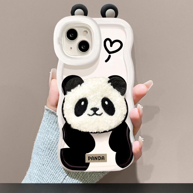 Plush Panda Lanyard for Apple 16PRO Mobile Phone Case 15 Cute Silicone Anti-fall 14 Invisible Double Bracket XR