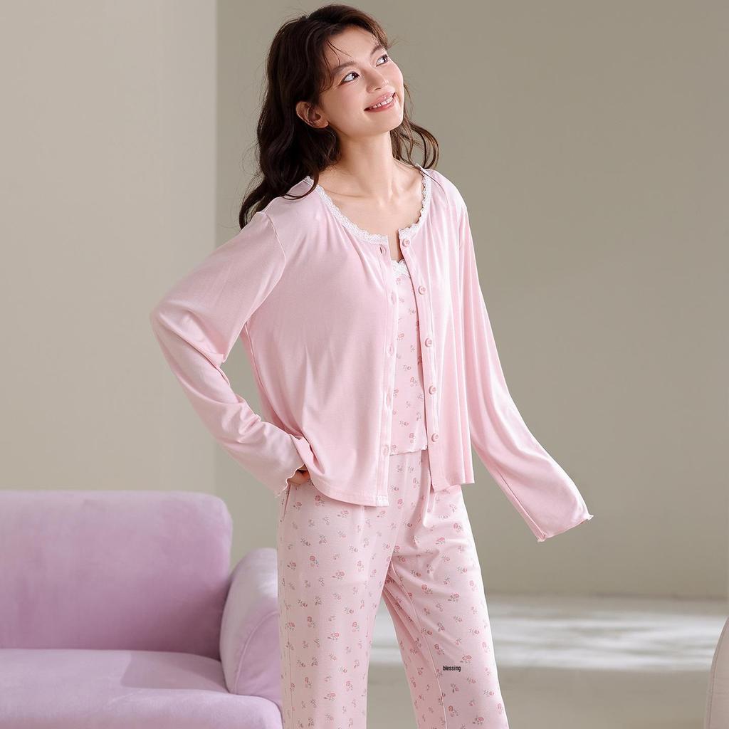 Women's Antibacterial Modal Three-Piece Set: Camisole, Long Sleeve Top, Long Pants - Spring/Autumn Homewear or Outerwear