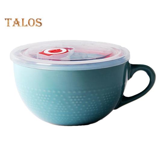 

Керамическая миска для завтрака 700 мл, суповая кружка с крышкой и ложкой, пригодная для использования в микроволновой печи и духовке, большая вместительная суповая миска для овсяной лапши озеро синий