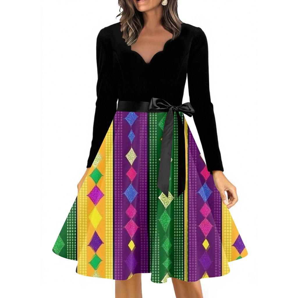 Women's Casual Fashion V Neck Long Sleeve Printed Vintage Long Dress