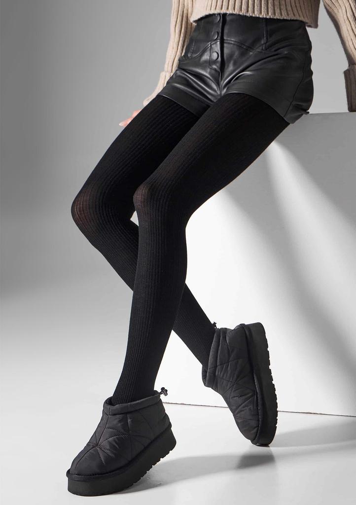 Rajstopy z wełny merino czarne naturalny prążek L2010 Wool Merino Legs