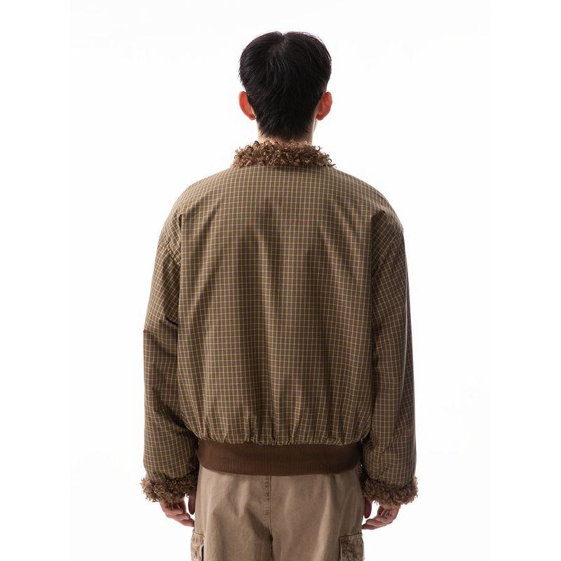 51 Hip-Hop Trendy Brand Lamb Wool Reversible Plaid Stand Collar Cotton Jacket for Men, Winter Thickened Couple's American-Style Cotton Coat