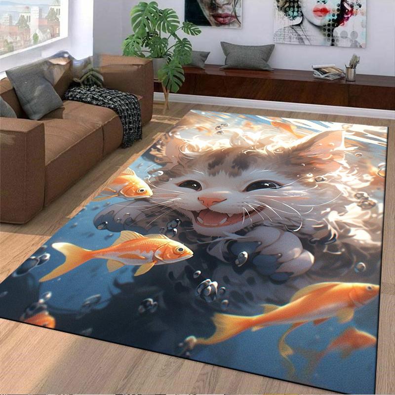 Cute Cat and Goldfish Playful Scene Printed Carpet for Home Decor Suitable for use as an anti-slip for living room bedroom sofas