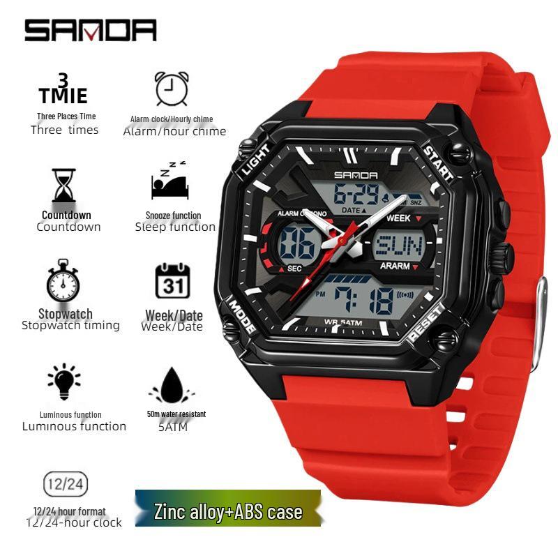 Sanda Multifunctional Sports Watch, Waterproof & Luminous, for Junior and Senior High School Students. Trendy Square Design.