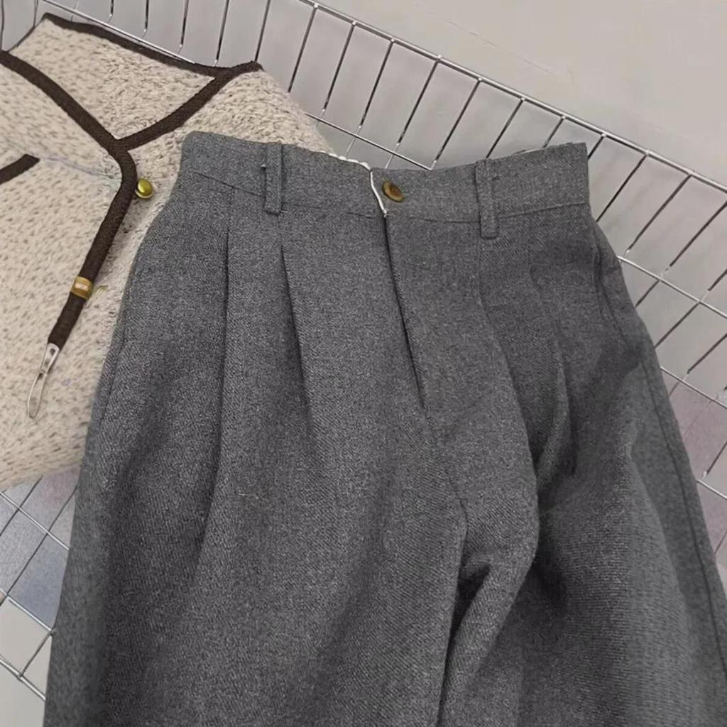 CHAO Recommended: Women's Dark Gray Cashmere Wide-Leg, High-Waist, Loose Woolen Pants for Autumn/Winter