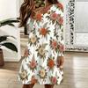 Women Plus Size Scallop V Neck Long Sleeve Floral Printed White Dress