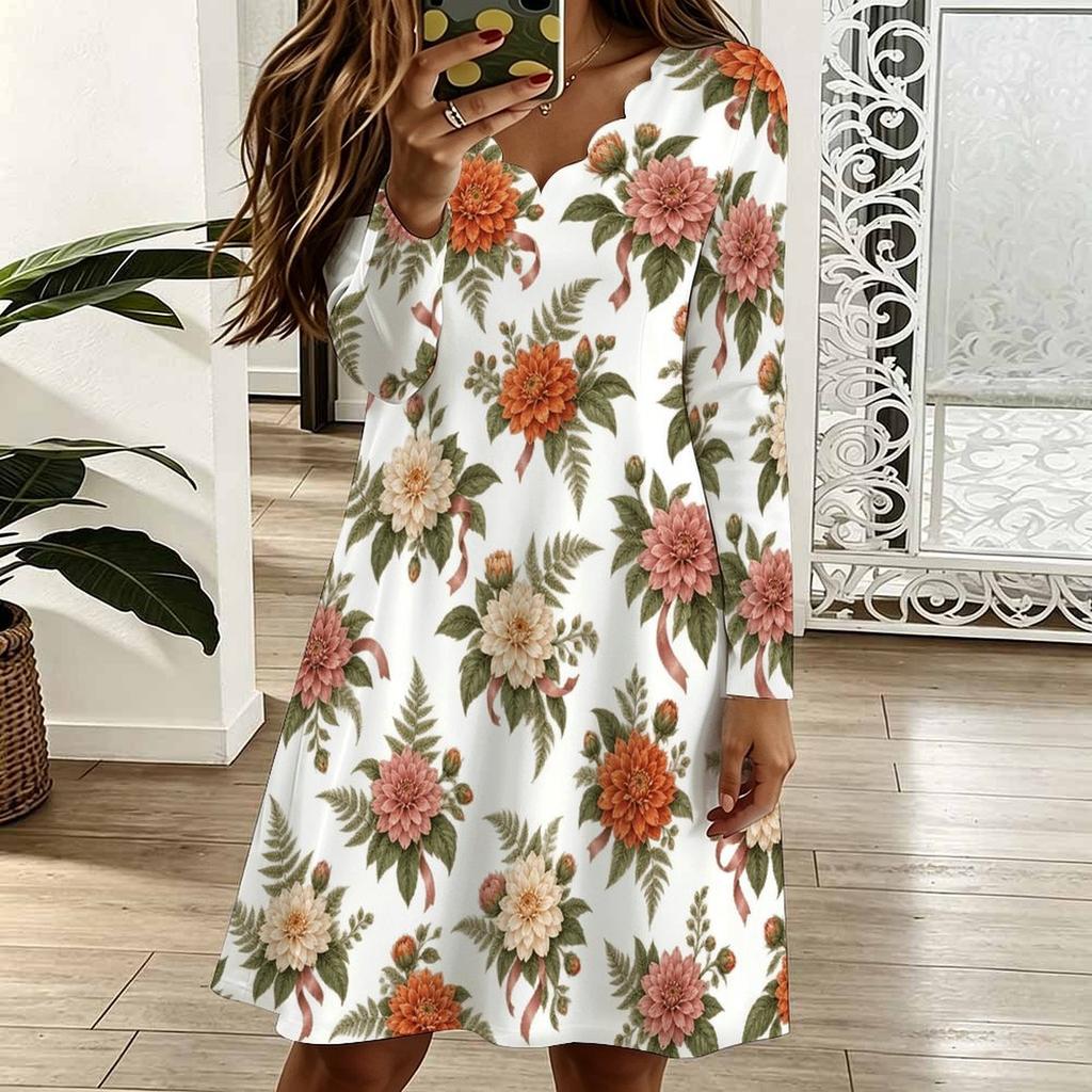 Women Plus Size Scallop V Neck Long Sleeve Floral Printed White Dress