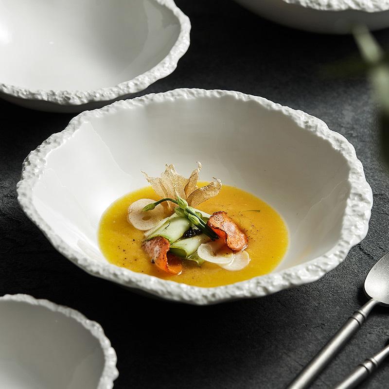 Rock grain pointed bowl, white ceramic soup bowl, noodle bowl, high-grade tableware, salad bowl, large.