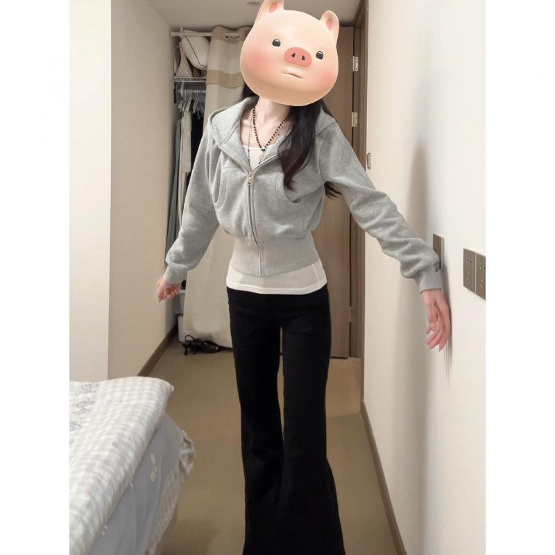 Graues Kapuzen-Sweatshirt mit Reißverschluss und hohem Kragen für Damen - Koreanischer Stil, lockere Passform für den frühen Herbst