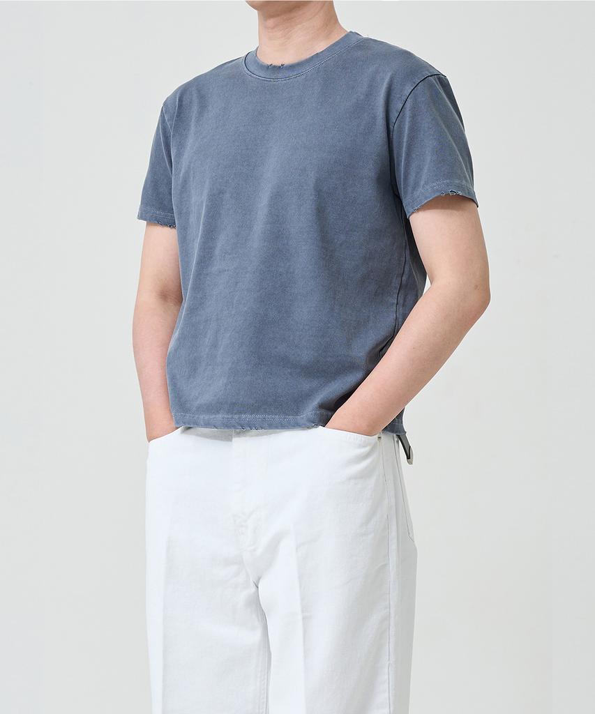OX STUDIOS Pigment Damaged Crop T-Shirt (Washed Blue)