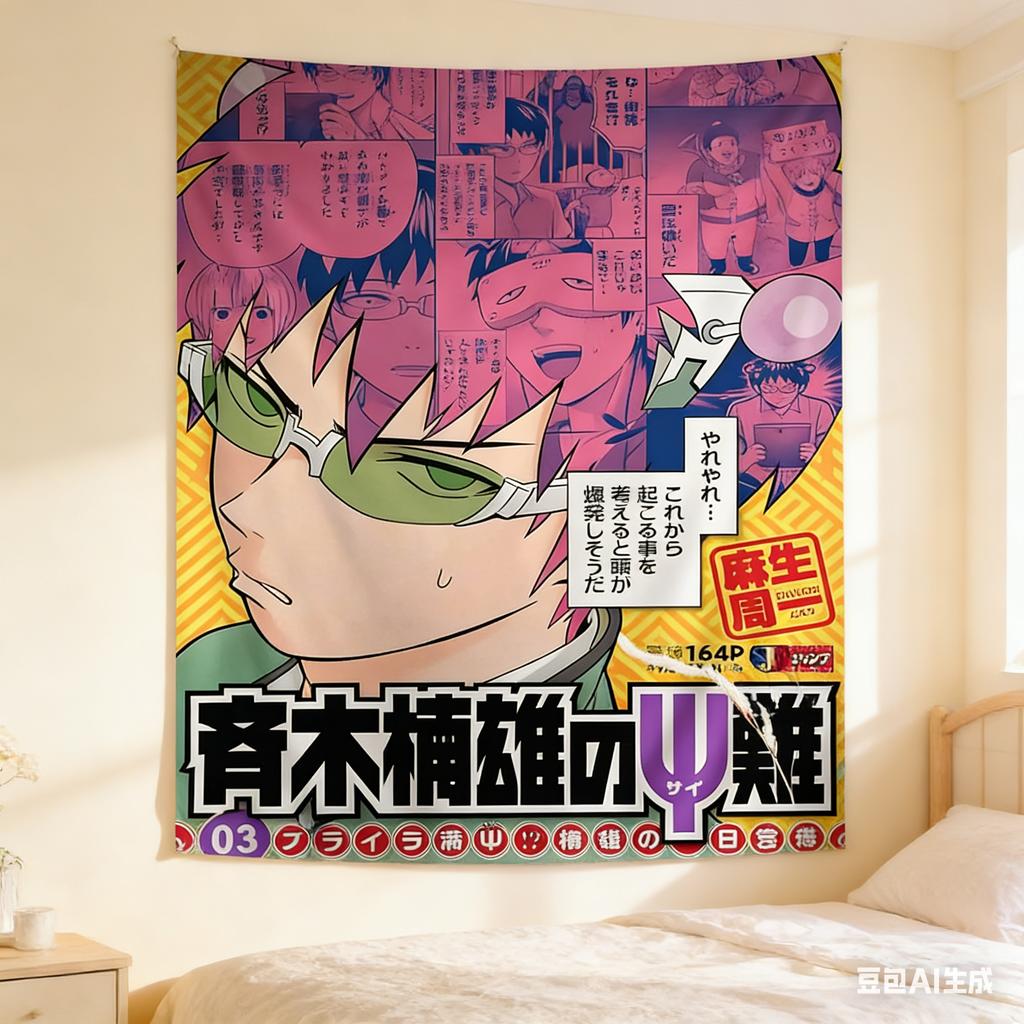 1pc Manga Style Saiki K Tapestry Japanese Anime Collage Print Polyester 2D Wall Art Aesthetic Backdrop for Bedroom Dorm Otak