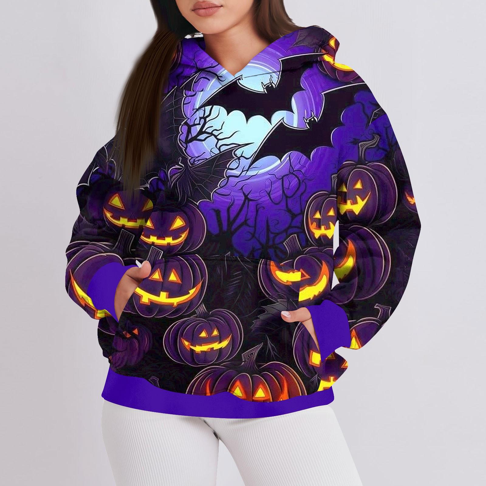 

Женская мода повседневный пуловер с капюшоном толстовка с длинным рукавом с принтом на Хэллоуин XXXL фиолетовый