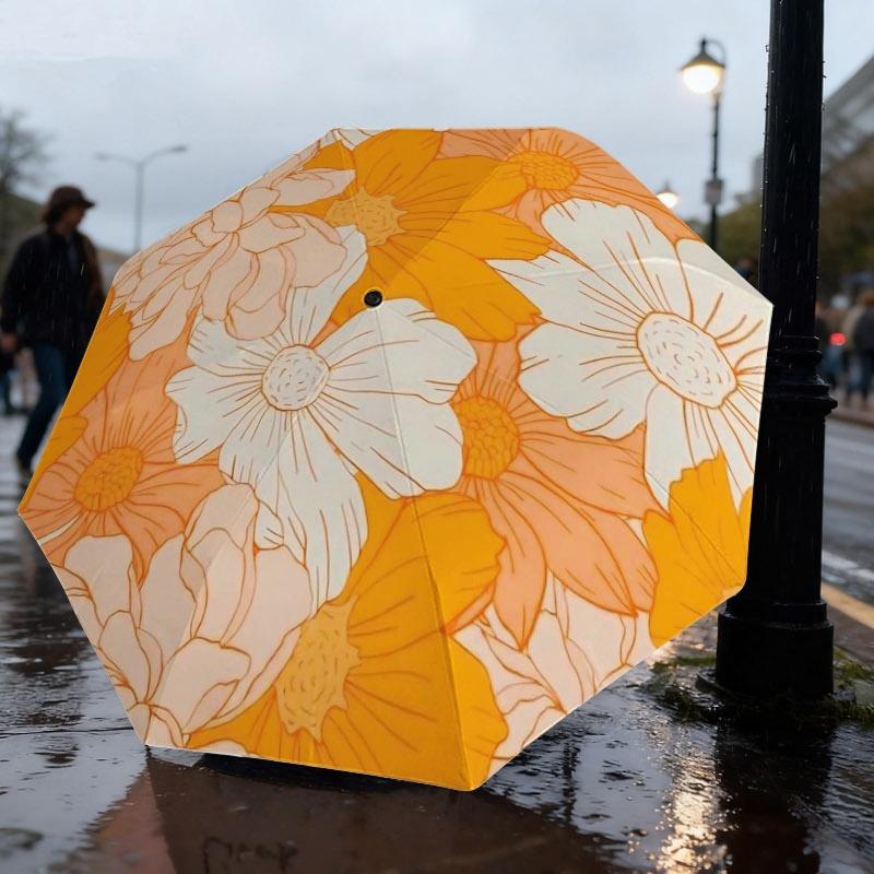 

1pc Automatic Folding Umbrella - Orange and White Floral Cluster Warm-Toned Minimalist Pattern Sun/Rain Umbrella, and Resistan (as the picture,Iron&8K)