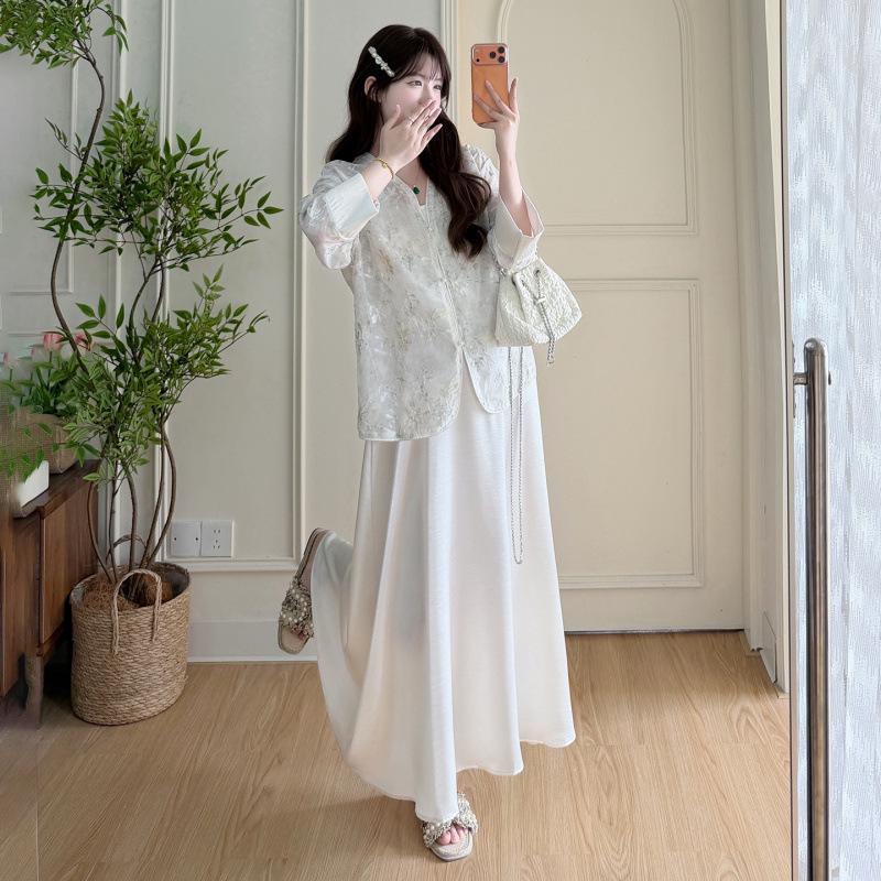 2026 Summer Chinese-Style Embossed Sun Protection Shirt & Suspender Skirt Set L