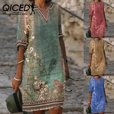 Women Sexy V Neck T-Shirt Dress Summer Women Short Sleeve Top Women Slim Midi Dress Beach Skirt Print Dress Casual Dress