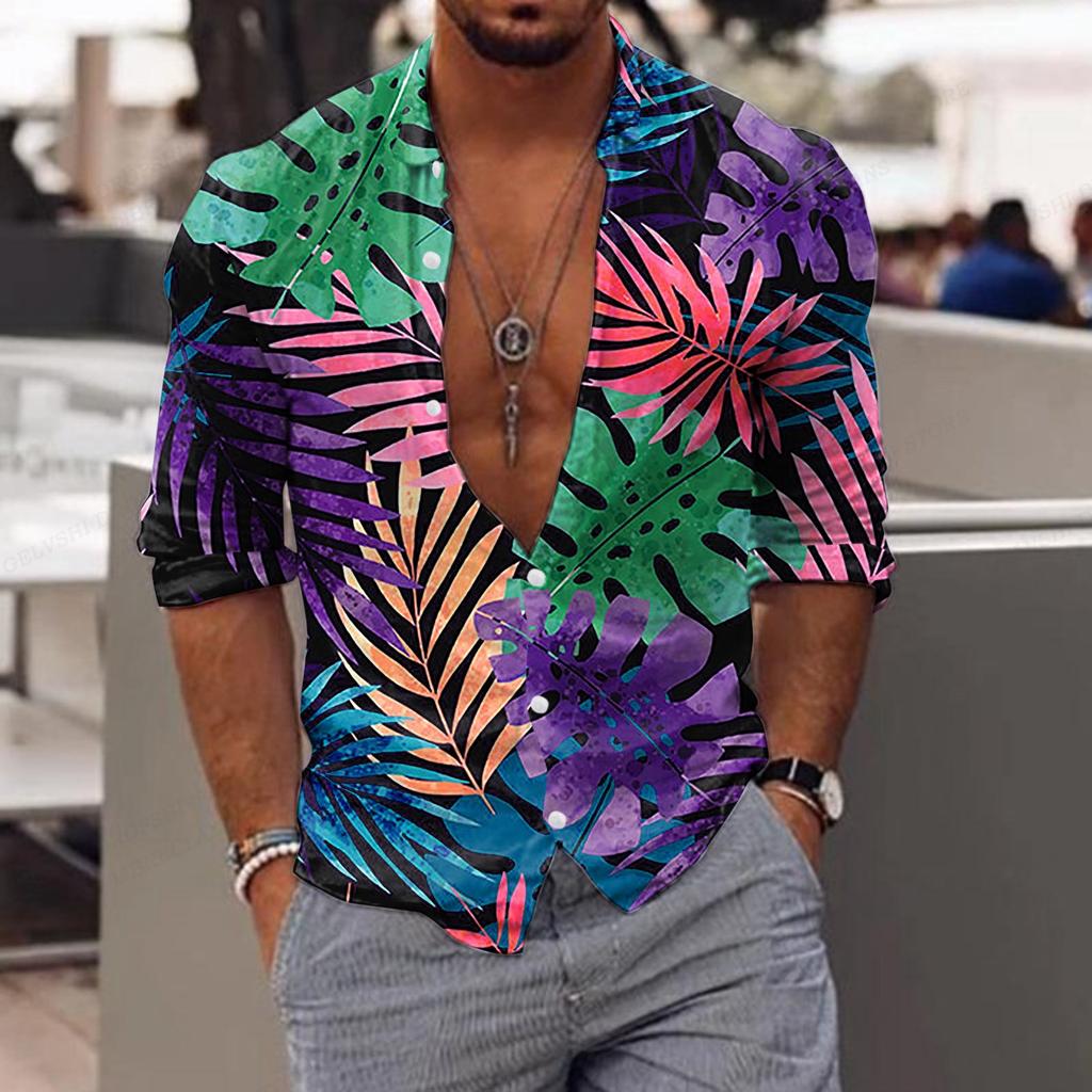 Herren Blumenhemd Tropic Leaf 3D-Druck Hemden Männer Mode Hawaiihemd Lässige Strand Kurzarm Bluse Herren Revershemd Junge