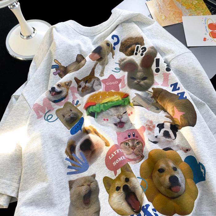 Women's Cute Cartoon Cat & Dog Print American Style Cotton T-Shirt - Short Sleeve, Round Neck, Loose Fit