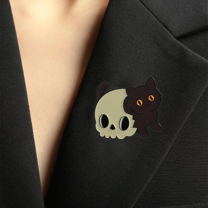 Unique Skeleton Cats Theme Metal Pin Creative Gift Mysterious Black Cats Jewelry For Gothic Culture Lovers