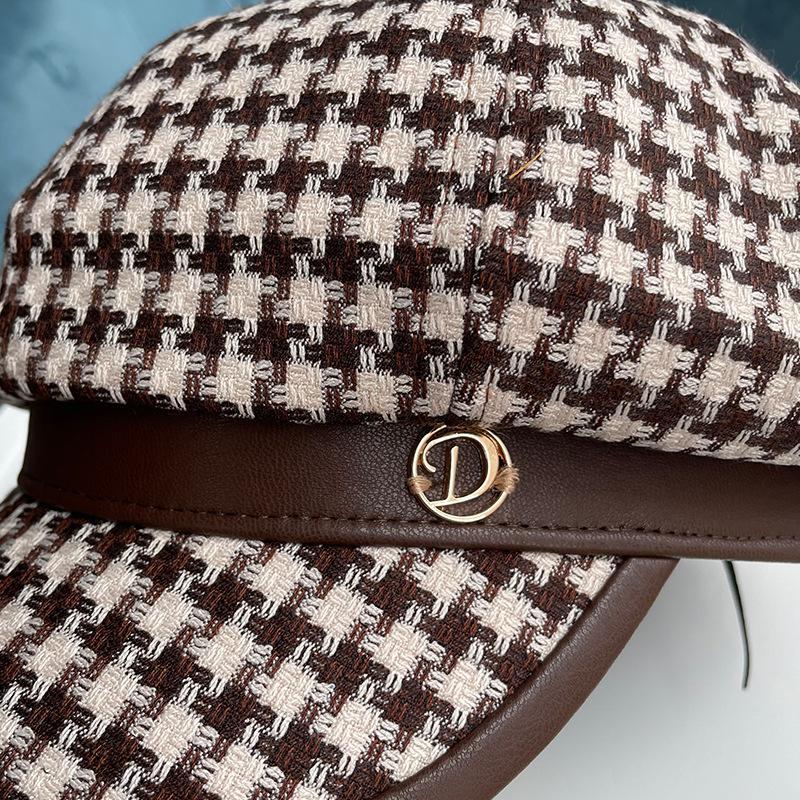 Frühling und Herbst Leder Spleiß Karomuster achteckige Mütze Kinder Metalllabel Retro vielseitige Baskenmütze Schiebermütze Tide