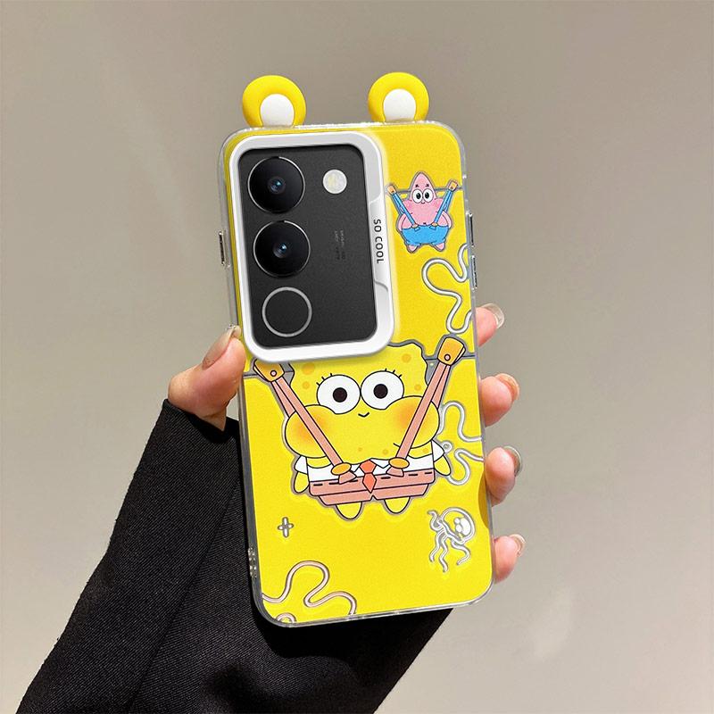 KEYSION Cute Ear Cartoon Case for VIVO V29 5G with Lanyard Soft Silicone+PC Shockproof Phone Back Cover for VIVO V29 5G