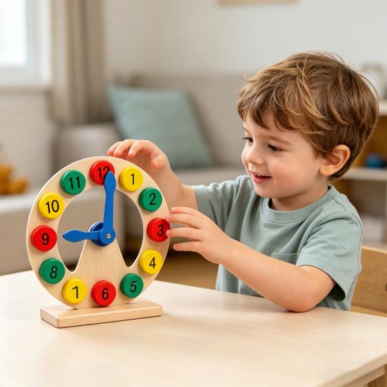Kids Wooden Clock Toy Preschool Number Color Recognition Time Learning Clock Toddlers Educational Clock Teaching Aid with Movable Hands
