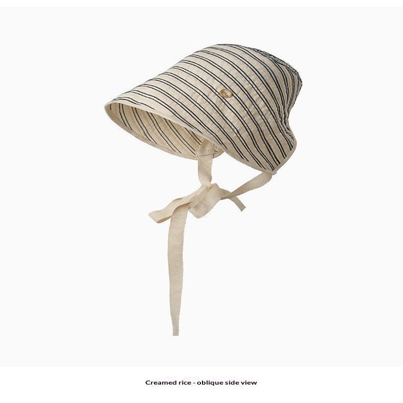 Breathable Striped Linen Sun Bonnet With Adjustable Chin Tie Uv Protection For Beach Vacation Outdoor Use
