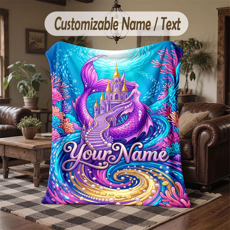 Mermaid Theme Throw Blanket Custom Name Text Personalized Blanket Soft Cozy Blanket for Home Sofa Bed