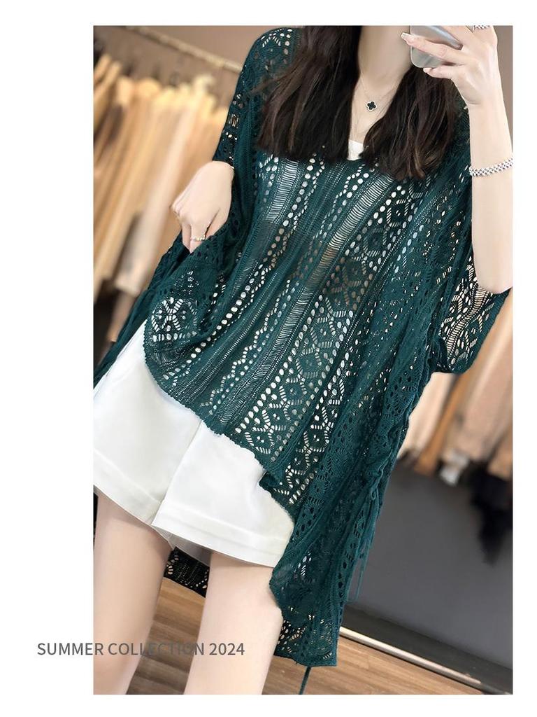 Spring/Summer V-Neck Loose Knit Cardigan with Sun Protection.