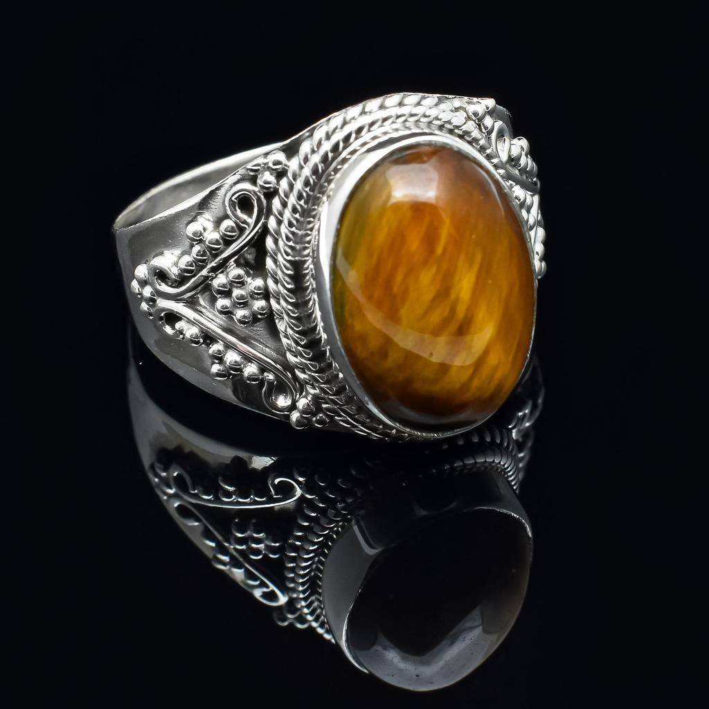 Natural Oval Shape Tiger Eye Solid 925 Sterling Silver Beaded Statement Ring For Women & Girls