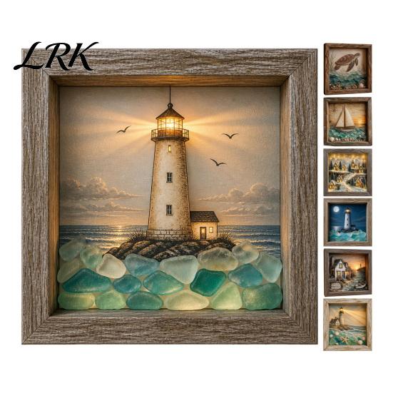 Ambient Picture Frame Light Sea Glass Art Painting with LED Light, DIY Mosaic Arts and Craft Kit, Decorative Ocean Themed Beach Kit for Home