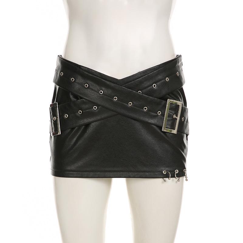 Women Heavy Leather V Low Waist Hip Personalised Punk Spice Girl Style Ring Buckle Decoration Cross Cock Eye Belt Short Skirt Suit