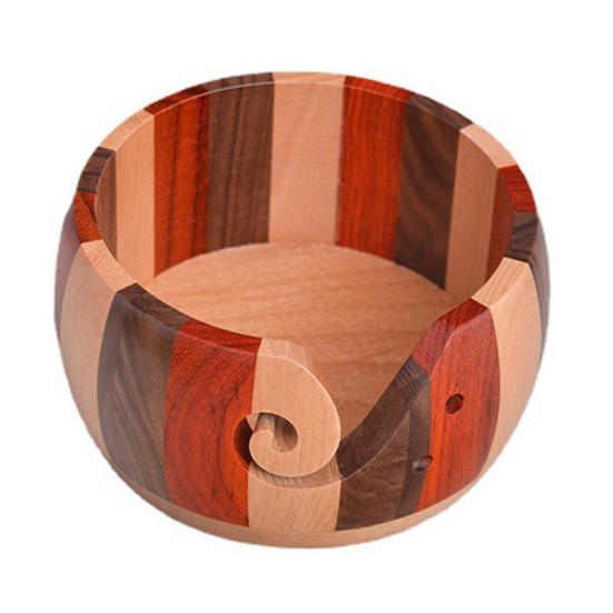 Tigela de fio de madeira feita à mão, superfície lisa com furos, organizador de armazenamento de tricô durável, tigela de madeira para armazenamento de bordados