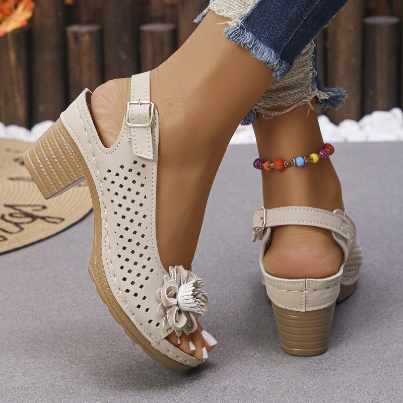 Large Size Flower High-heeled Sandals Women's 25 New Fashion Casual Buckle Solid Color Sandals