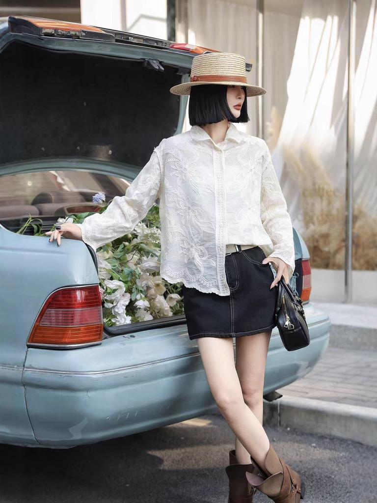 Korean Style Casual Embroidered Long Sleeve Shirt with Irregular Polo Collar