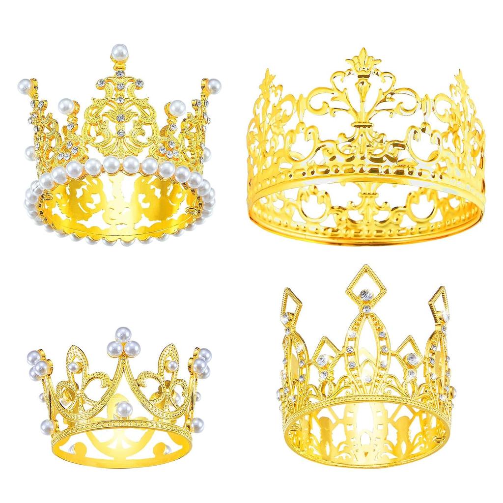 4 Pcs Mini Crown Cake Topper Birthday Tiara Crown Crystal Pearl Princess Kueen Cake Crown for Wedding Pet Birthday