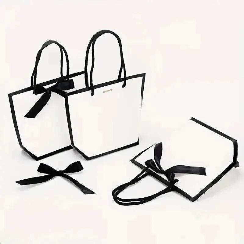 10pcs Ribbon Bow White Pardboard Paper Tote Gift Bags with Handles Shopping Party Wedding Party Birthday Retail Bags