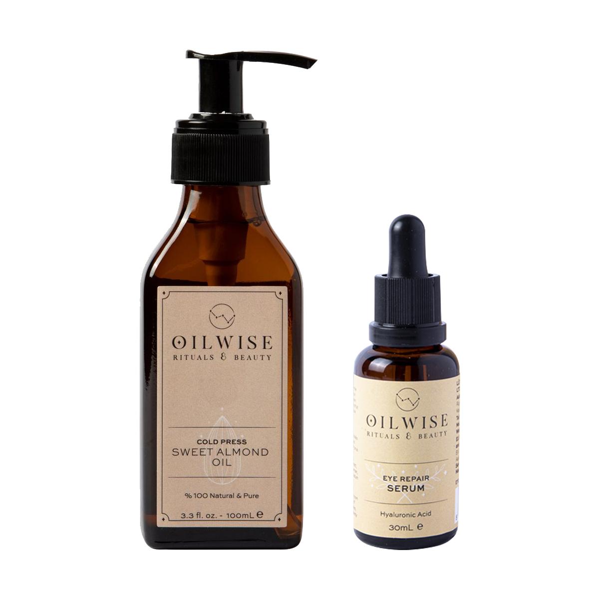 

Oilwise Almond Oil and Eye Serum Essential Oil Set, %100 High Concentration, Cold Pressed, Sweet Almond Oil, Hyaluronic Acid and Rosehip Oil