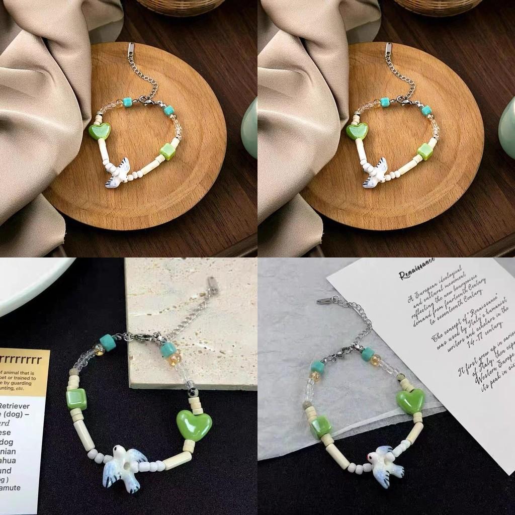 Womens Trendy Ceramic Beaded Bracelet With Heart And Geometric Charms Retro Style