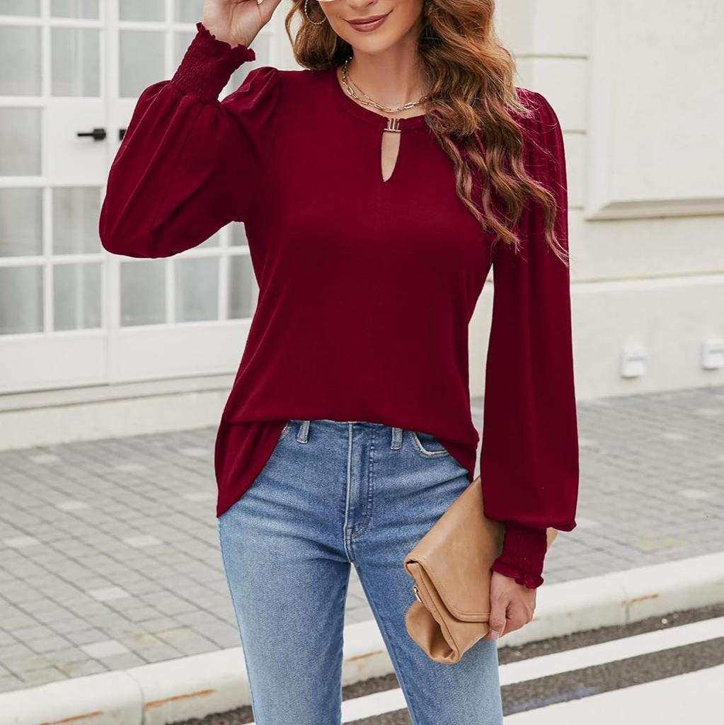 Fashion Women's Casual Tops Spring Long Sleeve V-Neck Locked Bubble Sleeve Range Cuffed Top T-Shirt Comfortable and Versatile T-shirt for Ladies