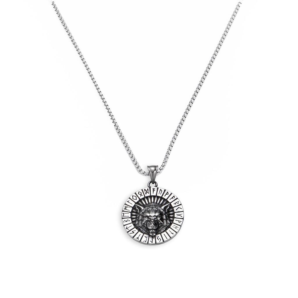Men's Distressed Long Box Chain Necklace with Stainless Steel Wolf Head Rune Pendant