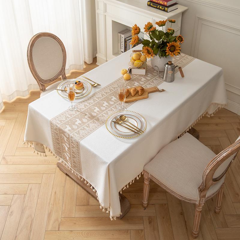 Christmas Deer Tablecloth Cotton And Linen Art Table Cloth Light Luxury High-End Rectangular Tablecloth Fringed Cover Towel