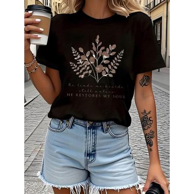 Women Floral Creative Print T-Shirt 100% Pure Soft Crew Neck Short Sleeve Regular Fit Casual Elegant Festival Essential Top