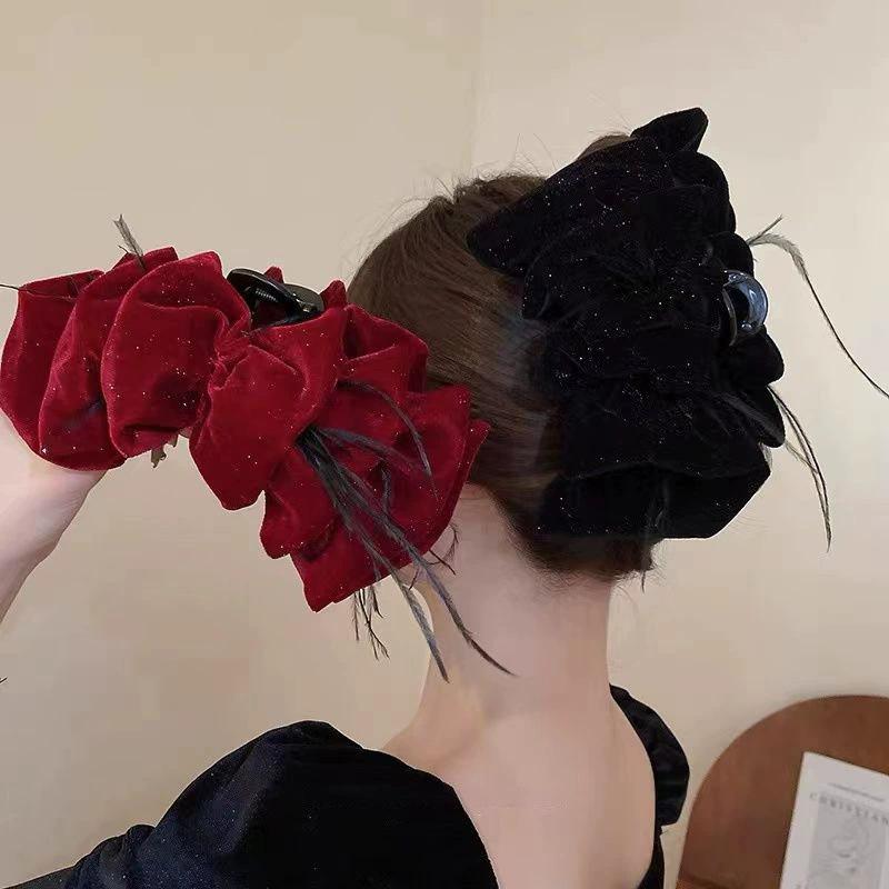 Herbst und Winter Samt Perlen Greifklemme Roter Schleifen Haarklammer Hinterkopf Pferdeschwanz Klemme Haarnadel