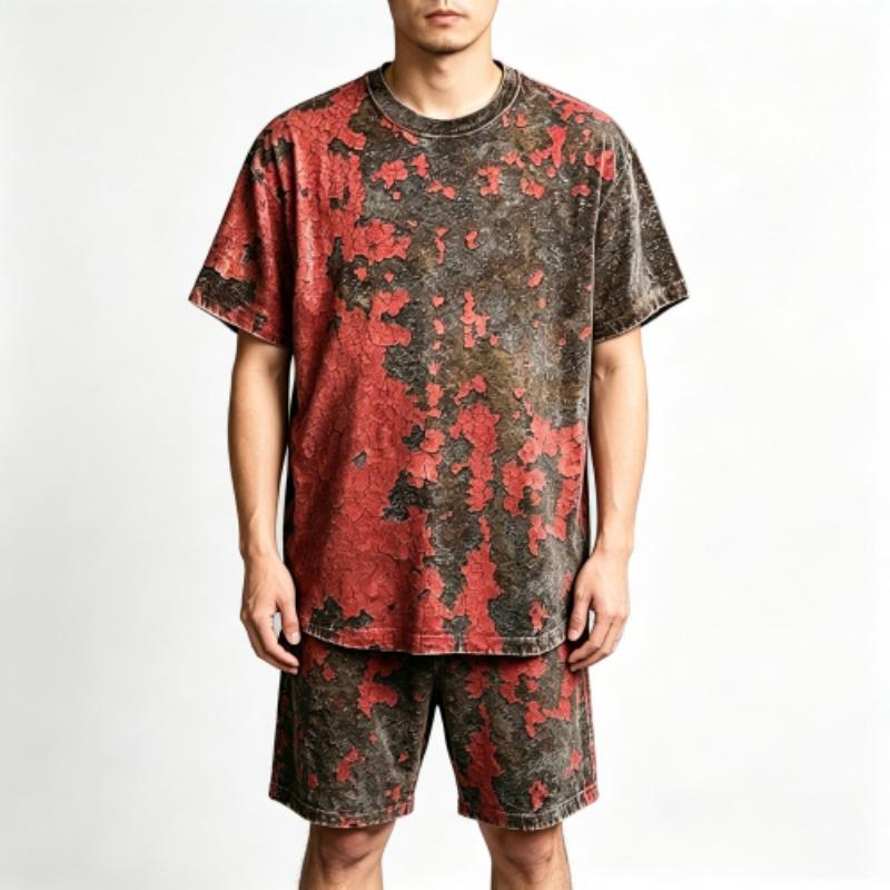 Summer Y2K Vintage Fun Rust Cracks Graphic Printed Round Neck Short Sleeved Kids T-Shirt And Shorts Set Boy's and Girl's T-shirt Shorts Set