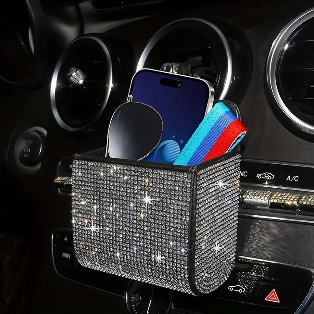 1pc Bling Car Air Vent Storage Bag, Faux Leather Rhinestone Organizer, Vehicle Cup Holder Accessory, Universal Fit, Sparkling Auto Interior Decor